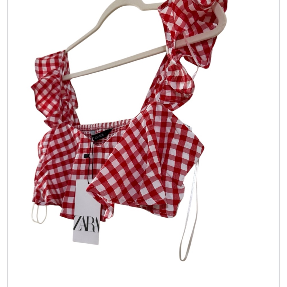Zara Red Gingham Ruffle Crop Top - Picture 3 of 11